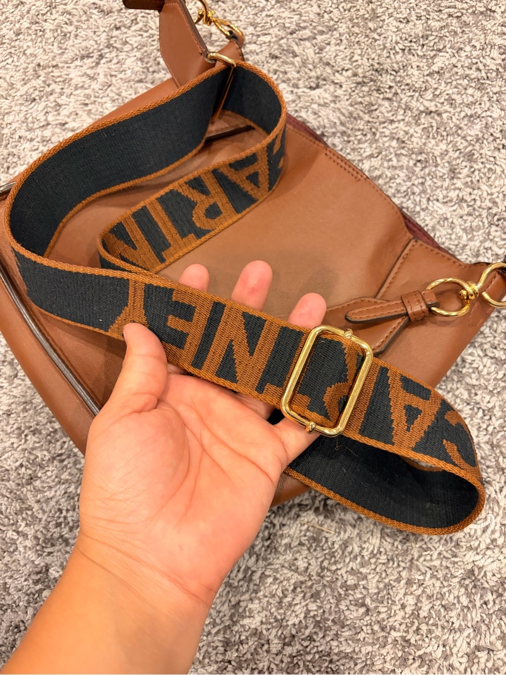 Stella McCartney Brown Faux-Leather Crossbody with Branded Jacquard Strap - Picture 14 of 14